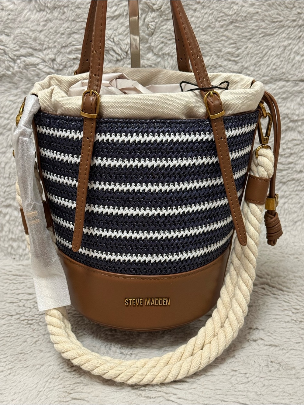 Steve Madden Navy & White Striped Bucket Bag with Brown Trim